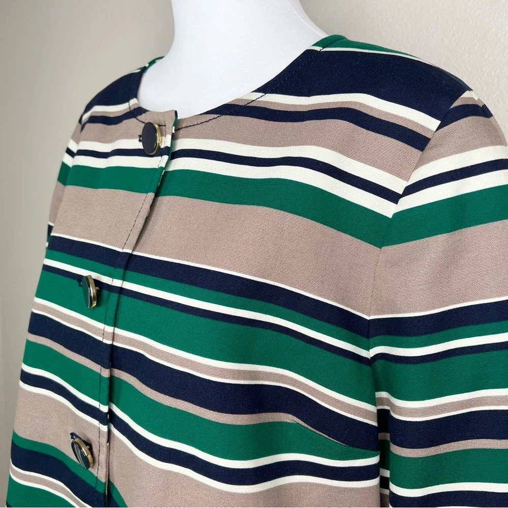 Talbots Navy Blue & Green Striped Cotton Collarless 3/4 Sleeve Blazer Jacket - Picture 5 of 11